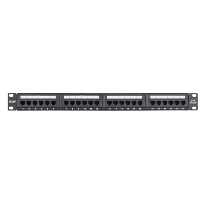 Коммутационная панель NETLAN 19", 1U, 24 порта, Кат.5e (Класс D), 100МГц, RJ45/8P8C, 110/KRONE, T568A/B, неэкранированная, черная